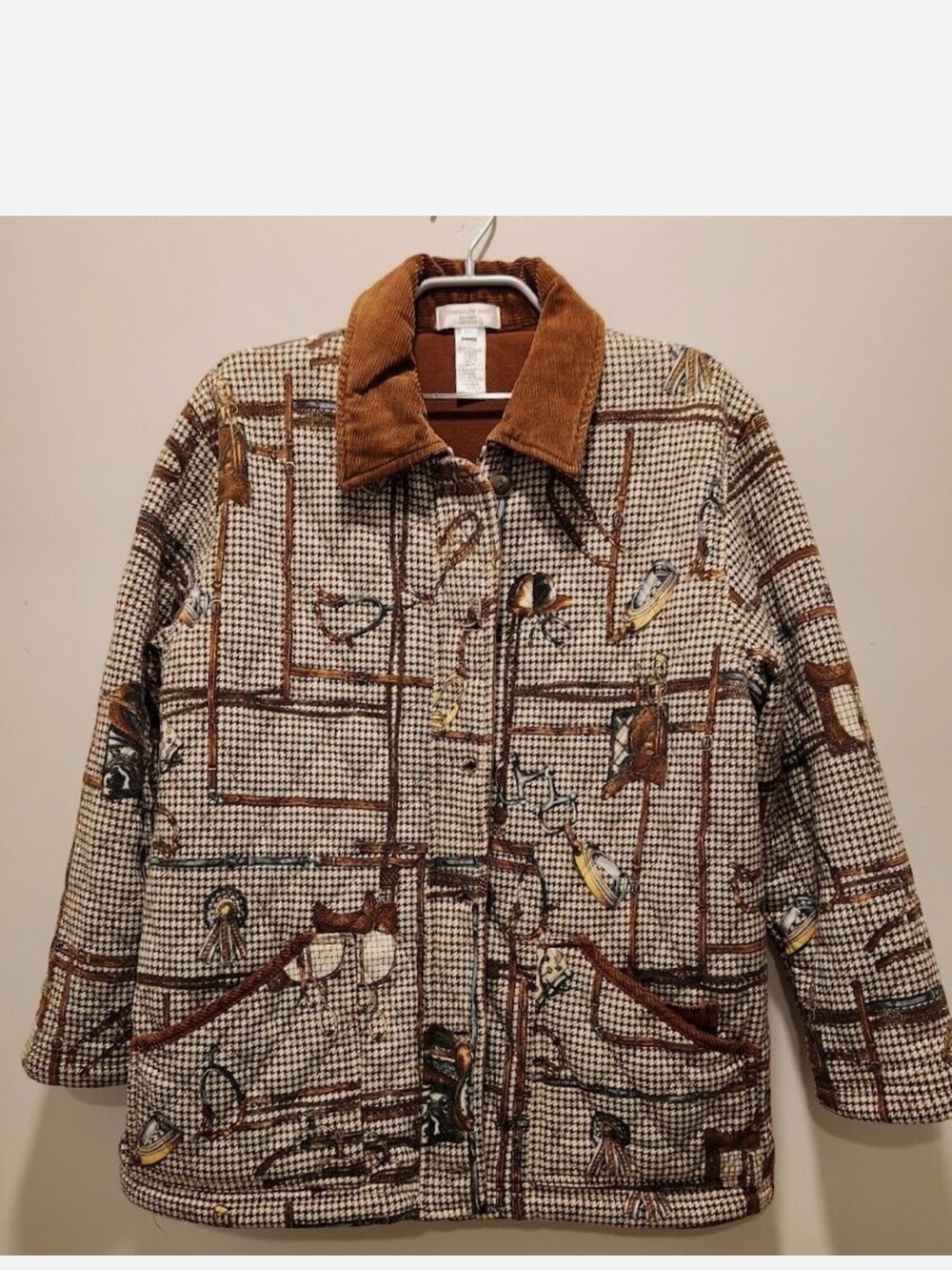 Jones New York Equestrian Print   Houndstooth Quilted Jacket w/ Corduroy Collar